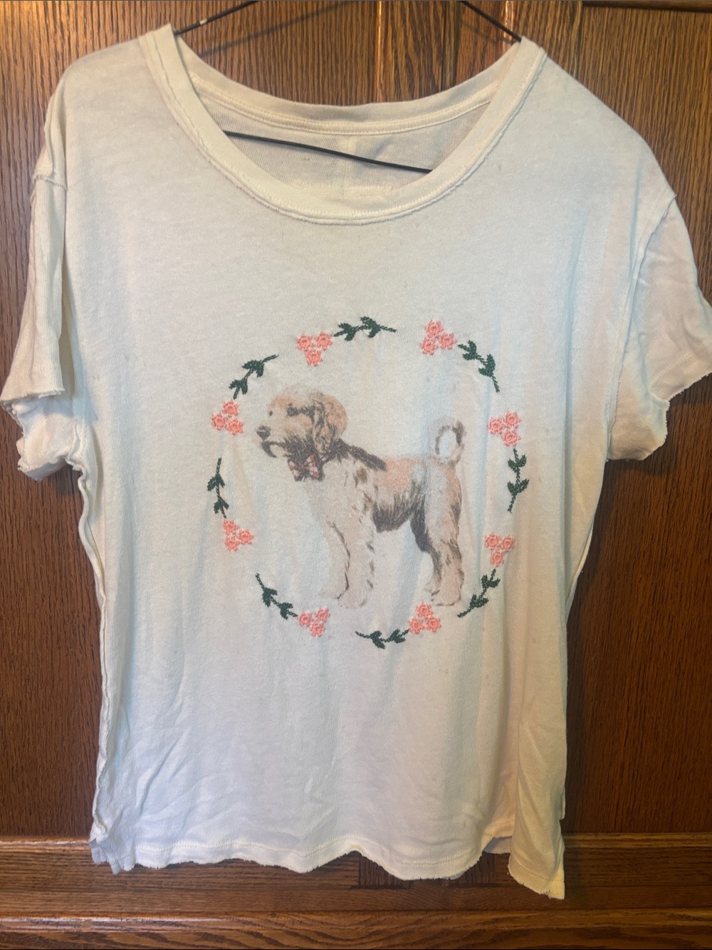 We The Free Cream Tee with Dog and Pink Floral Wreath